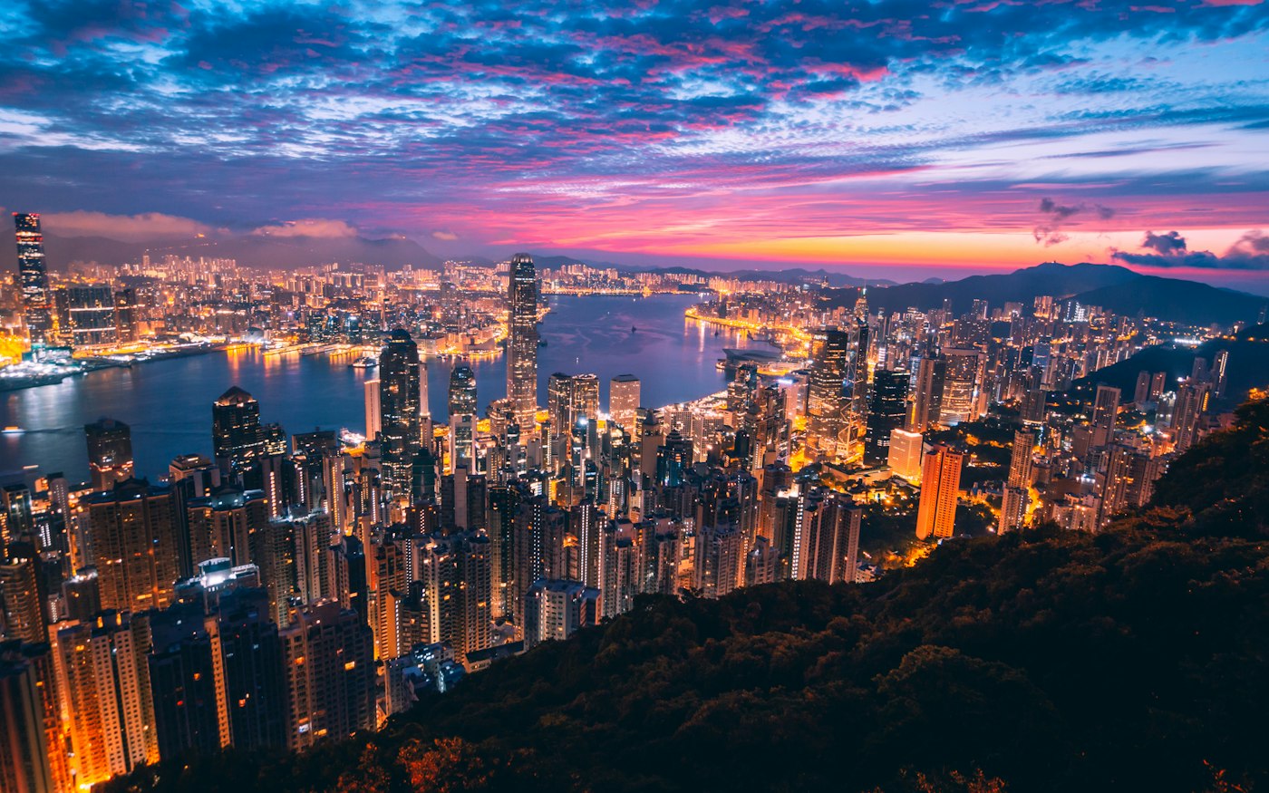 Victoria Harbour at dusk from the Peak
